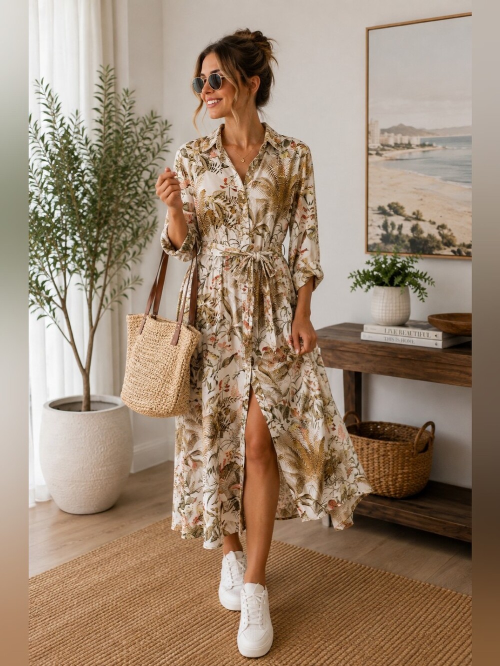 H&M Botanical Tropical Print Belted Maxi Shirt Dress Size Medium
